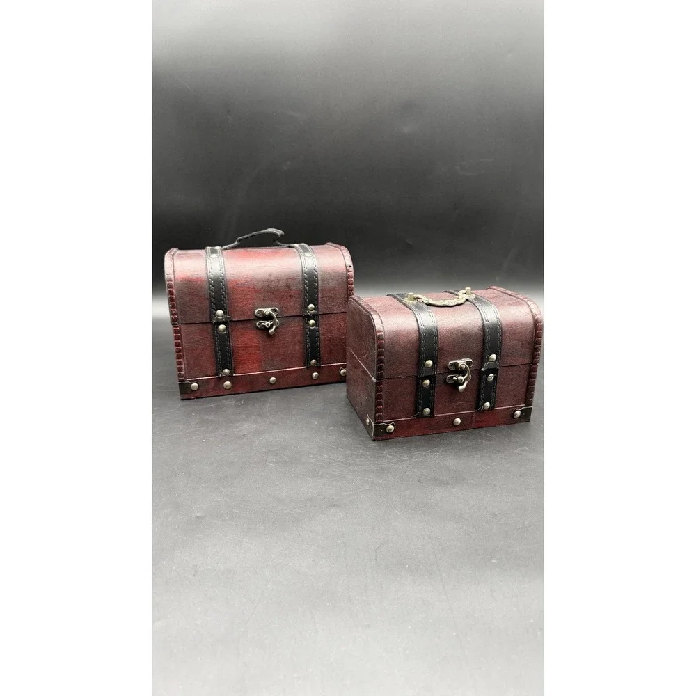 Wood And Leather Treasure Decorative Storage Wooden Chest Box With Lock And Lids